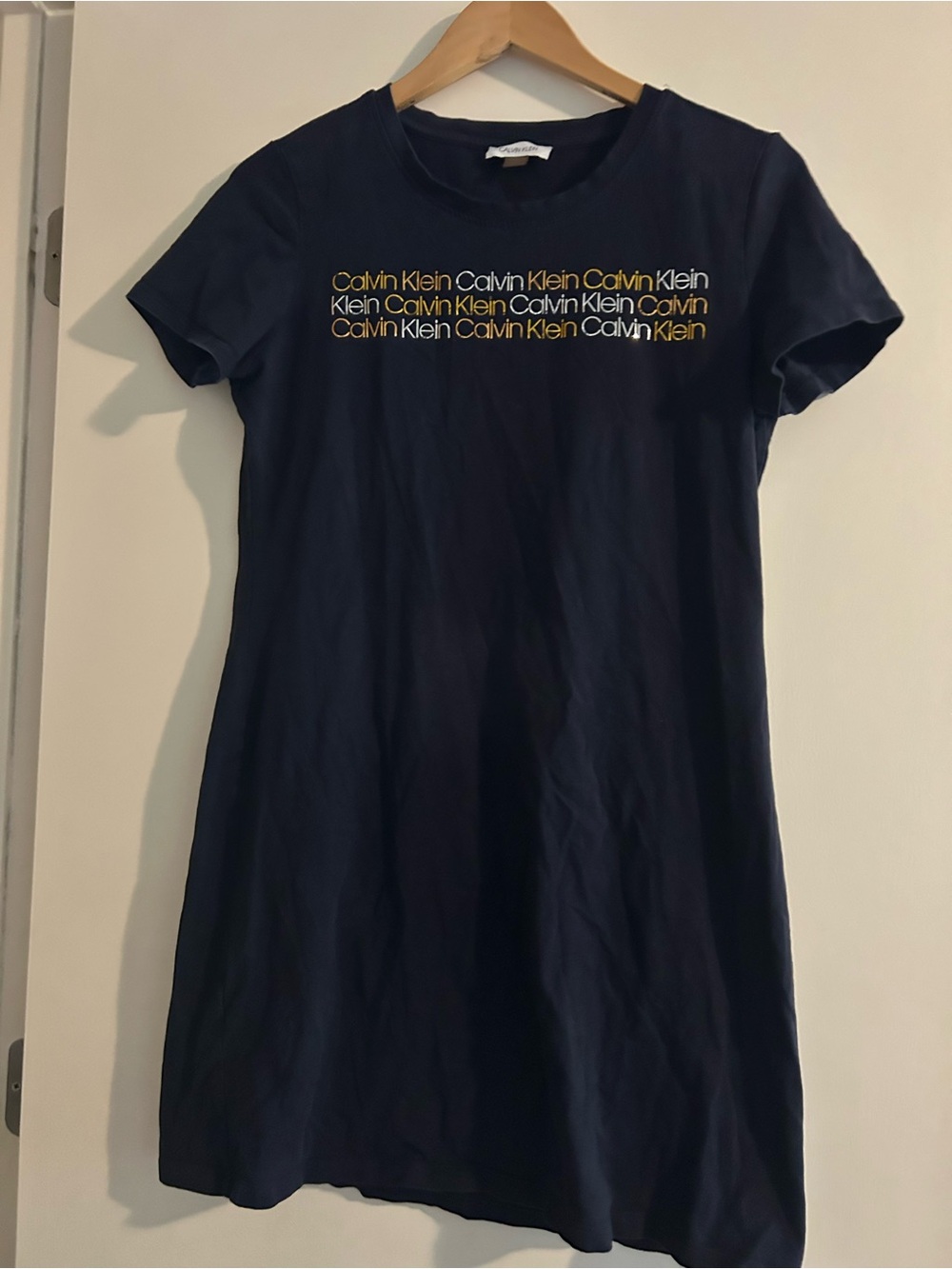 Women’s Calvin Klein Navy Blue Tee Logo Dress with Gold Graphic
